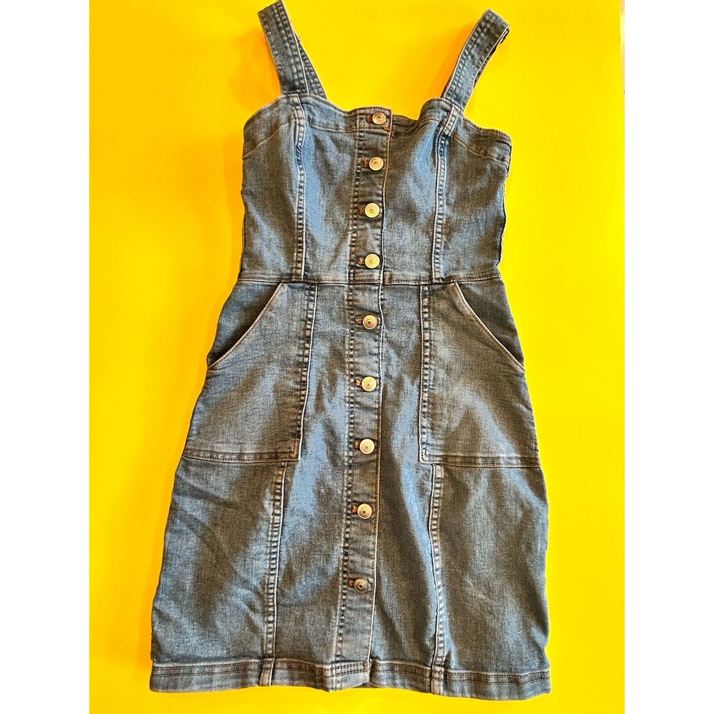 H&M Divided Denim‎ Button Front Overall Dress Blue Jean Mini Fit Flare